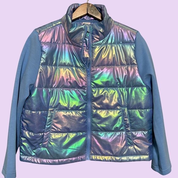 Girls Holographic Puffer Jacket With Blue Sleeves By Xersion XL 18.5 Plus - Picture 1 of 5